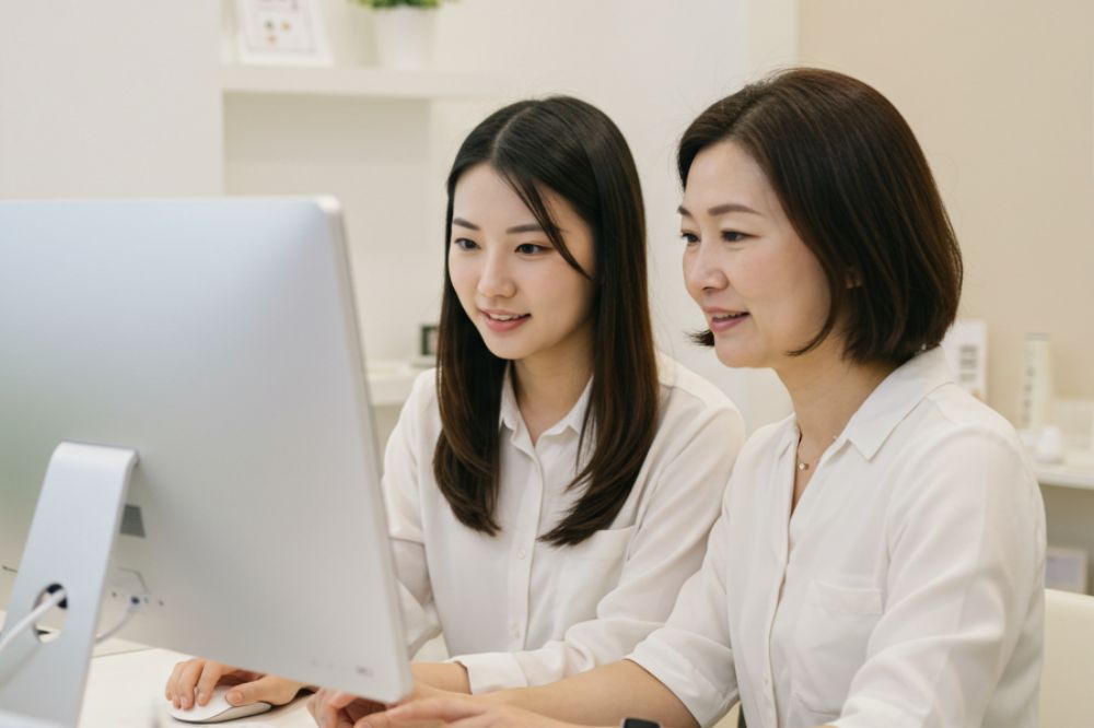 成人式の振袖前撮り撮影で撮った写真を見ている様子