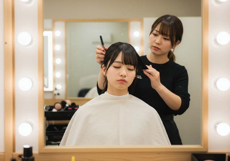 成人式の日に早い仕度時間になってしまい、寝ぼけながらヘアセットされる二十歳くらいの女の子