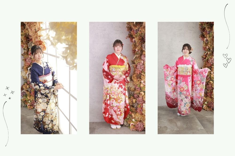 人気振袖 青 赤 桃